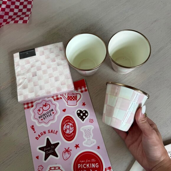 NEW MacKenzie-Childs Rosy Check Herb Pots (Set of 3) + 20 ct Rosy napkins - Picture 2 of 5